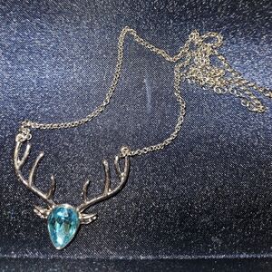 Reindeer Necklace with blue crystal on silver chain